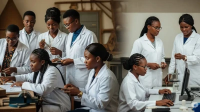 Jeune femme africaine en train de coder sur un ordinateur portable, entourée d'icônes technologiques symbolisant les STEM